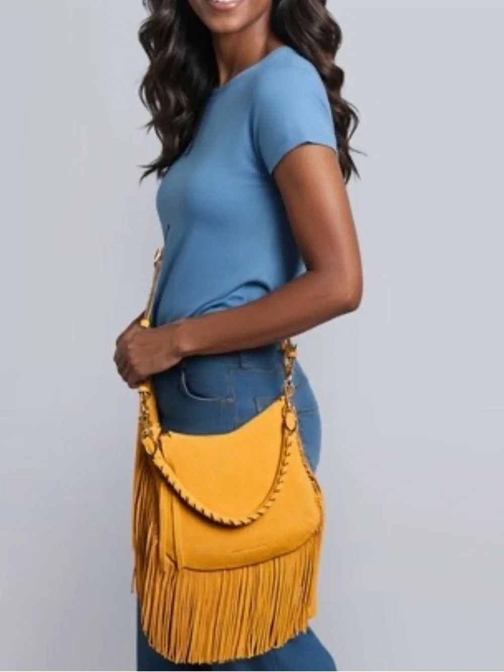 Aimee Kestenberg Kane Convertible shoulder Bag in Sunshine Fringe Suede Boho GUC